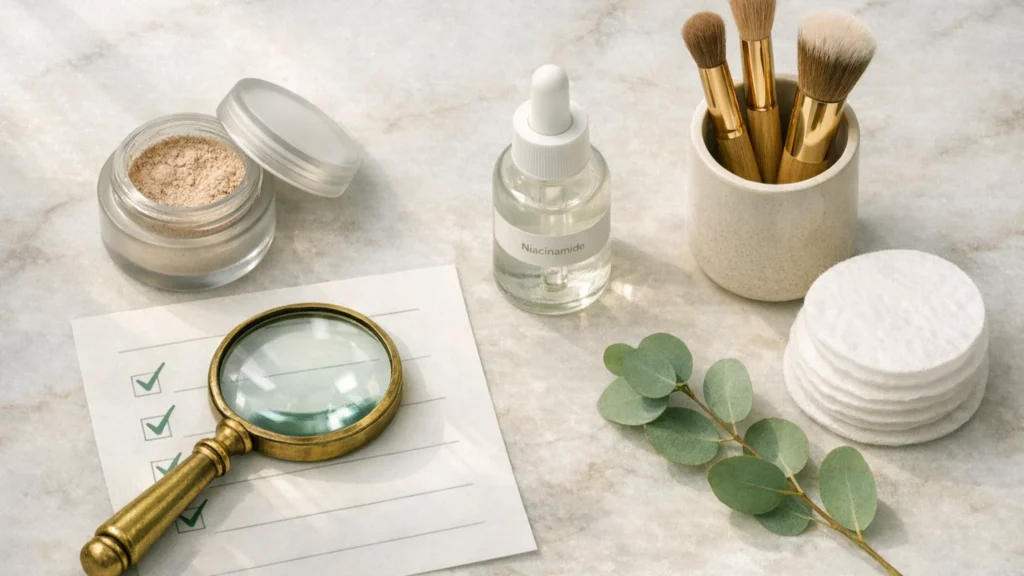 Seleção inteligente de maquiagem para olhos sensíveis: produtos com ingredientes seguros, óxidos minerais, mica tratada, sem parabenos, análise de rótulos, kit dermocosmético 2025