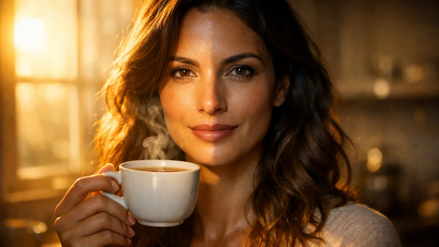 Mulher brasileira de 35 anos com pele luminosa e firme segurando xícara de café fumegante ao amanhecer, ilustração do ritual matinal que afeta o colágeno da pele
