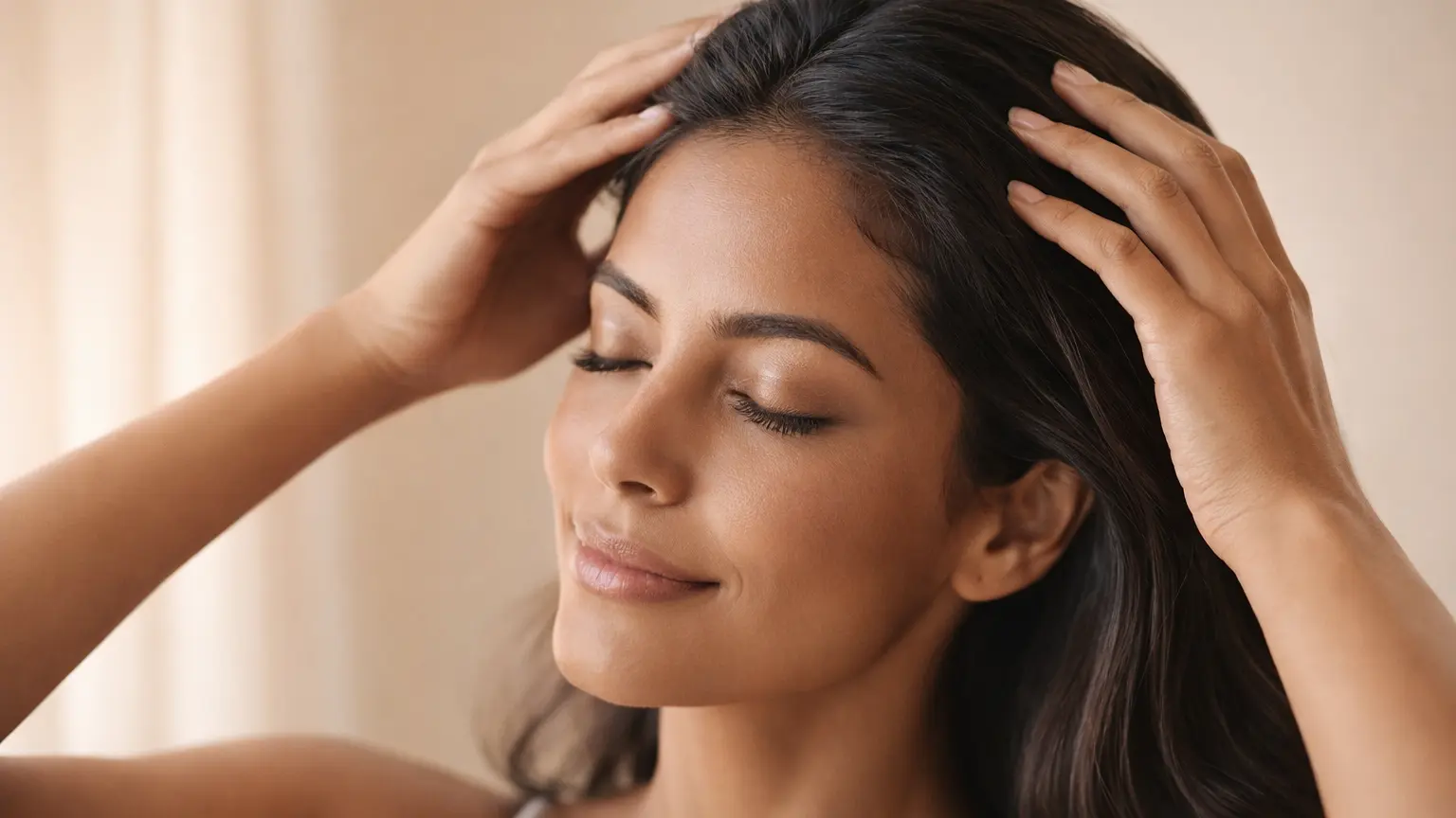 Mulher com cabelo escuro saudável massageando o couro cabeludo em rotina de autocuidado capilar, representando bem-estar e equilíbrio do microbioma capilar sem caspa