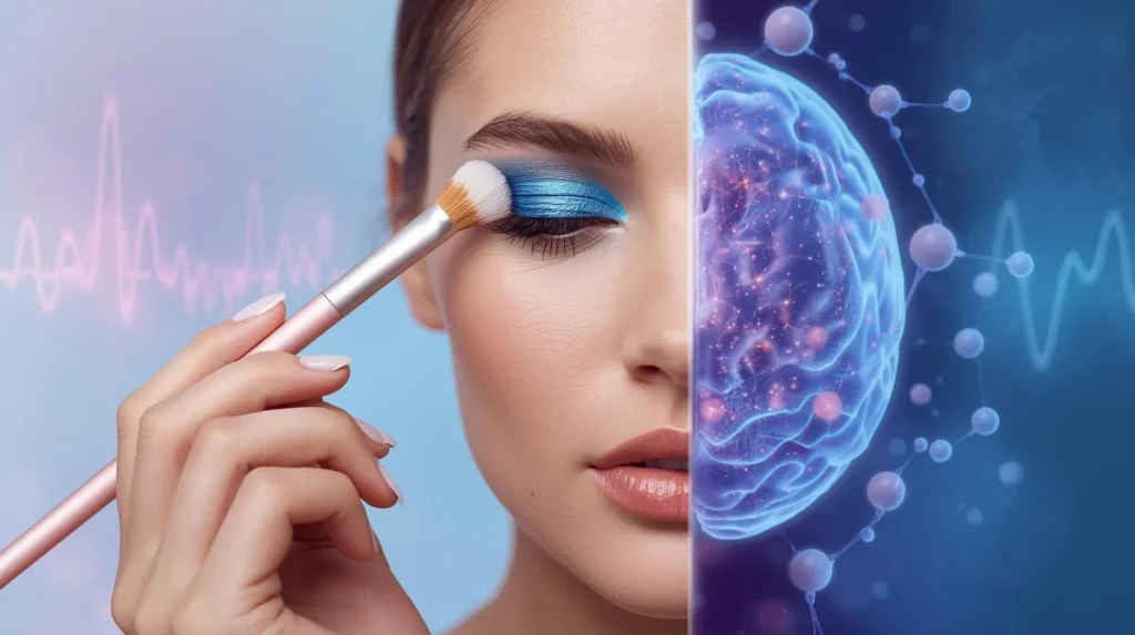 Mulher aplicando sombra azul com pincel, representando a NeuroMaquiagem que ativa o nervo vago, reduz cortisol em 12% e induz estado de calma cerebral em 15 minutos. Visualização científica de ondas cerebrais relaxadas.