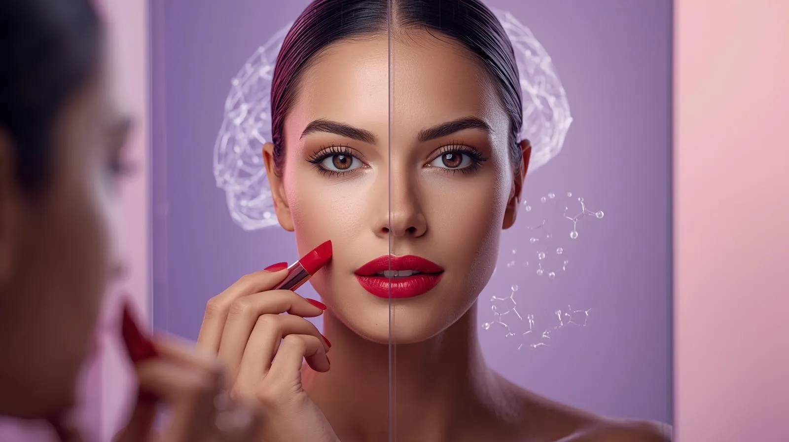 Mulher aplicando batom vermelho com conceito de NeuroMaquiagem: cores que afetam o cérebro, reduzem cortisol e aumentam confiança. Fundo roxo com representação de dopamina.