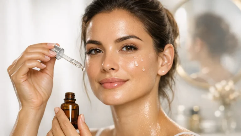 Mulher aplicando sérum de ácido hialurônico e niacinamida em ordem correta, demonstrando rotina skincare 2026 para pele radiante e hidratada sem irritação