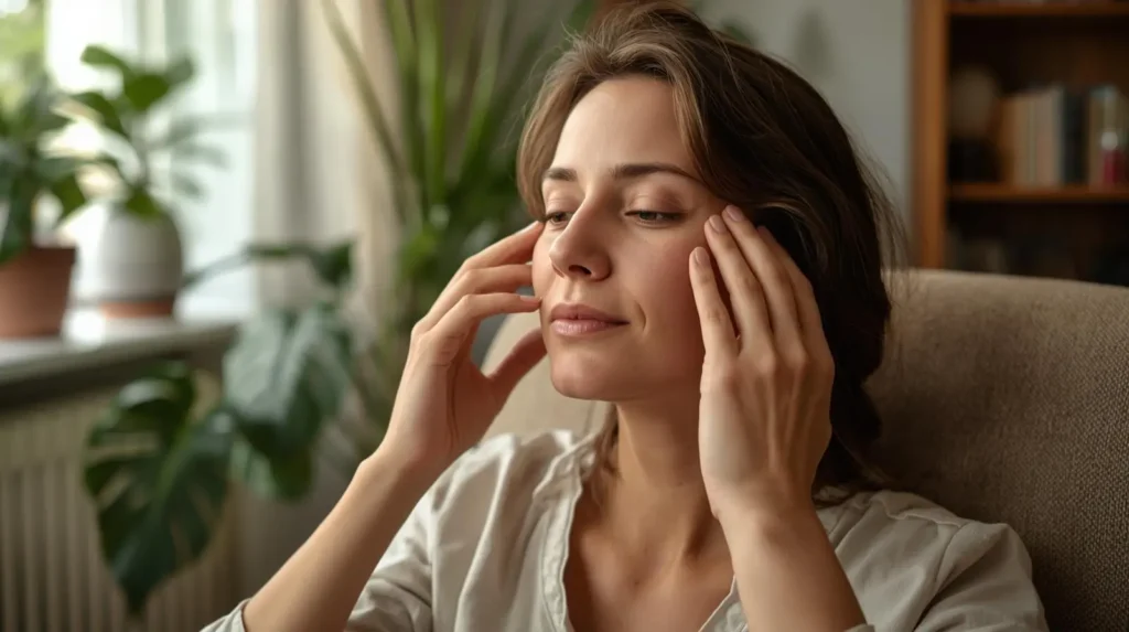 Flacidez Facial: Como o Pilates Facial em Casa Reconstrói o Volume em 21 Dias Mulher praticando pilates facial em casa para tratar flacidez facial pós-Ozempic, exercício de autocuidado diário que fortalece músculos faciais e recupera volume natural do rosto sem preenchimento