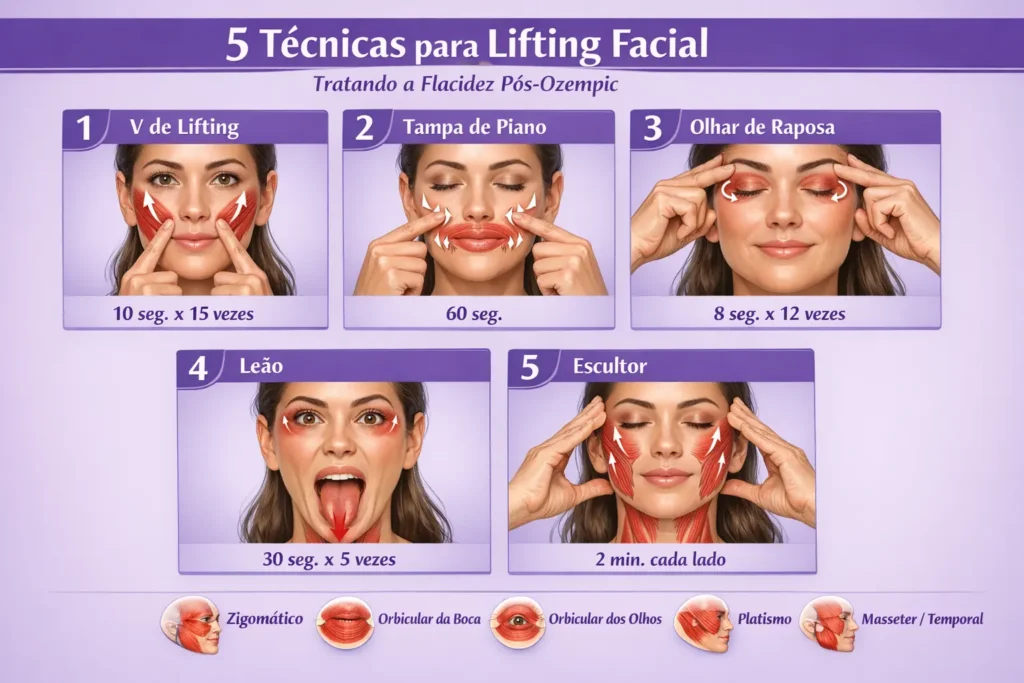 5 Técnicas de Pilates Facial Que Reconstroem o Volume do Rosto em 21 Dias (Sem Filler) Infográfico: 5 técnicas de pilates facial para reconstruir volume do rosto após emagrecimento com Ozempic. Exercícios V de lifting, tampa de piano, olhar de raposa, leão e escultor com músculos faciais destacados, tempo de execução e frequência diária. Método natural sem preenchimento para tratar flacidez pós-Ozempic em 21 dias.
