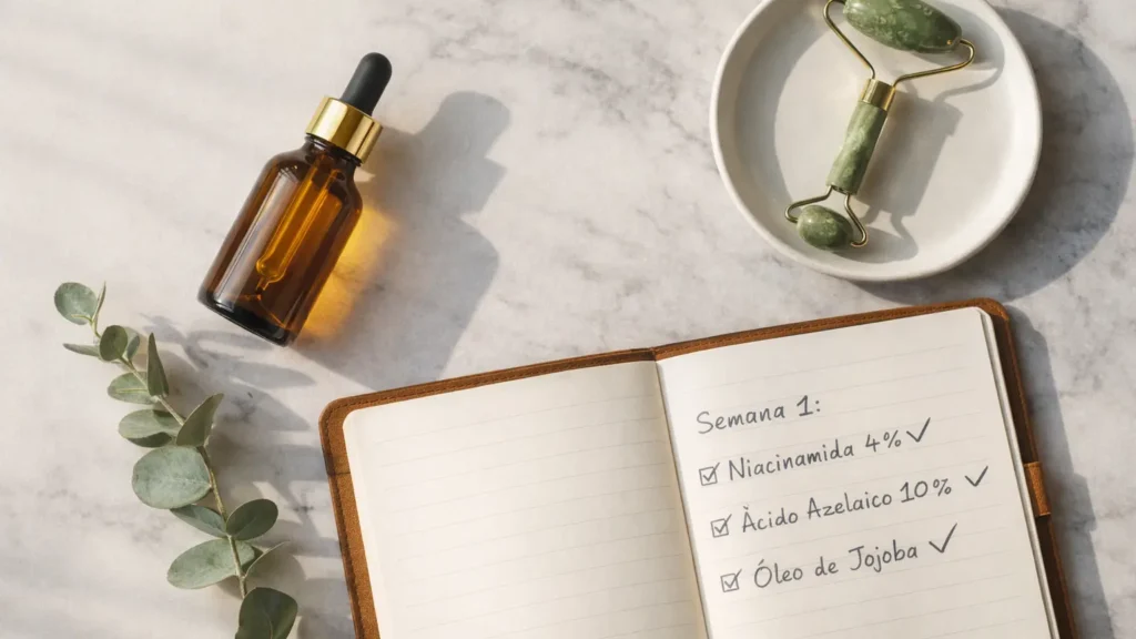 Meu Protocolo de 21 Dias: Os 3 Ingredientes Que Acalmaram Minha Coceira Sem Lesão Protocolo de 21 dias para coceira sem lesão: checklist de skincare com niacinamida 4%, ácido azelaico 10% e óleo de jojoba em caderno de rotina