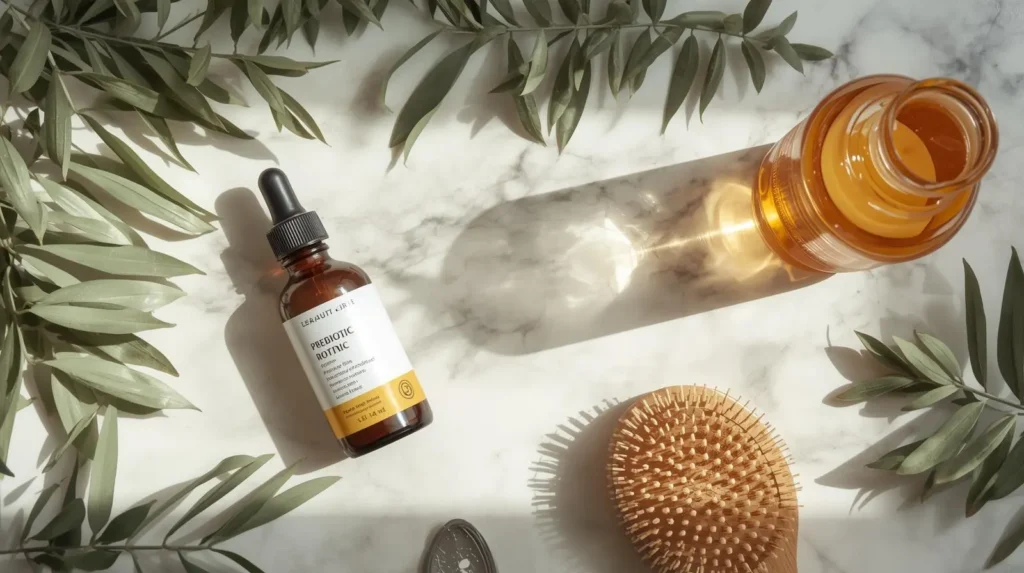 Kit completo para equilibrar o microbioma capilar: tônico prebiótico com gotário, vinagre de maçã orgânico em frasco âmbar, escova de madeira para massagem do couro cabeludo e folhas naturais sobre mármore branco — os 3 pilares do protocolo de 21 dias para eliminar a caspa definitivamente