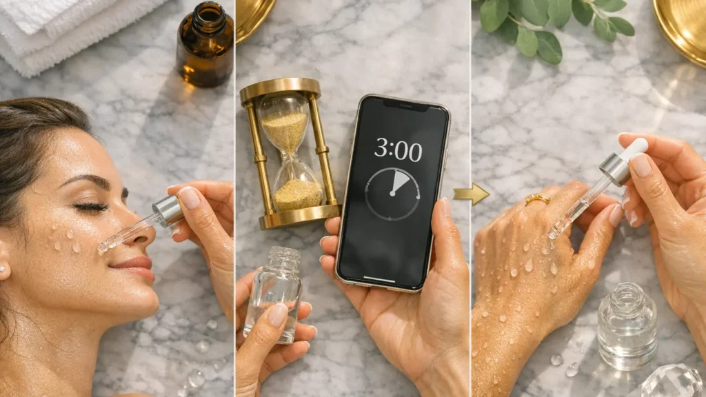 Mulher aplicando sérum de ácido hialurônico no rosto, timer de 3 minutos no celular, e aplicação de niacinamida em sequência correta do skincare