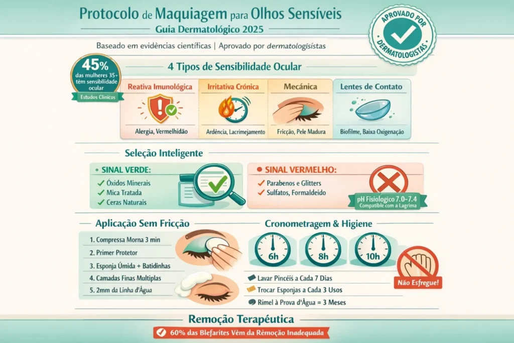 Infográfico do Protocolo de Maquiagem para Olhos Sensíveis: 4 tipos de sensibilidade, seleção de ingredientes seguros, técnica de aplicação sem fricção, cronometragem 6h-8h-10h e remoção terapêutica. Guia dermatológico 2025.