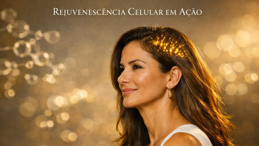 Rejuvenescência Celular em Ação: Mulher aos 45 com Couro Cabeludo Revitalizado pela Ciência Mulher de 45 anos com cabelo saudável e brilhante representando o rejuvenescimento do couro cabeludo em ação, com visualização artística da proteína MCL-1 ativando células-tronco capilares. Imagem ilustra a ciência da reversão do envelhecimento capilar em nível celular, com pele realista e expressão de confiança serena.