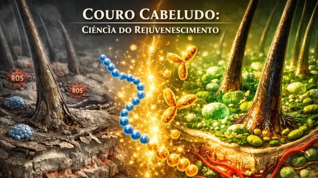 Envelhecimento do Couro Cabeludo: A Ciência do Rejuvenescimento Celular em Ação Ilustração científica do envelhecimento do couro cabeludo mostrando transformação celular: lado esquerdo com folículos danificados, estresse oxidativo (ROS) e colágeno degradado; lado direito com células-tronco ativas, microbioma equilibrado e vasos sanguíneos saudáveis. Visualização médica da reversão do envelhecimento capilar em nível molecular.