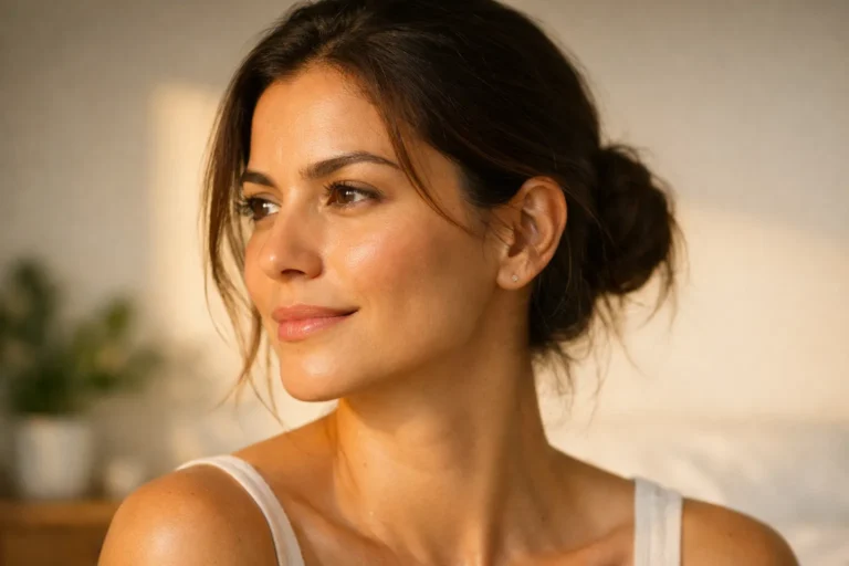 Mulher com rosto definido e pele radiante, simbolizando o resultado de uma vida sem rosto inchado. Contorno facial esculpido e aparência saudável após eliminar alimentos inflamatórios.