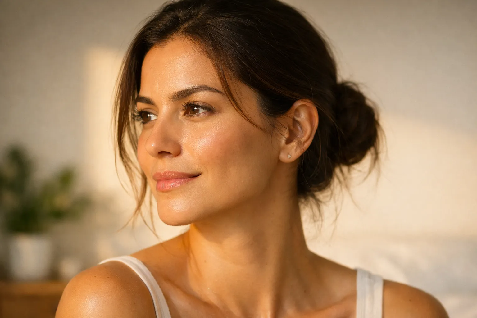 Mulher com rosto definido e pele radiante, simbolizando o resultado de uma vida sem rosto inchado. Contorno facial esculpido e aparência saudável após eliminar alimentos inflamatórios.