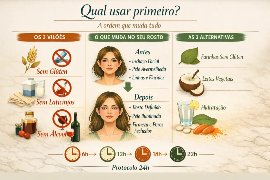 Rosto Inchado: O Segredo dos 3 Alimentos que Inflamam Seu Rosto Infográfico revela como desinchar o rosto em 24h, identificando 3 alimentos 'saudáveis' (glúten, laticínios, álcool) que causam inchaço facial e transformam o rosto de inchado para definido com um protocolo anti-inflamatório.