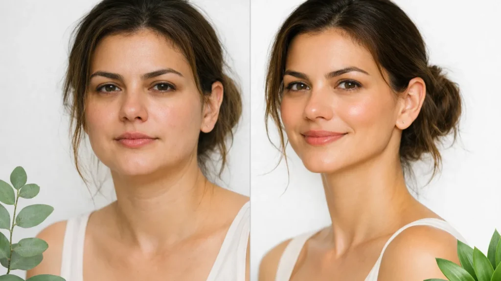 Transformação Real: O Fim do Rosto Inchado Imagem de antes e depois de uma mulher com rosto inchado. À esquerda, o rosto com inchaço e sem definição. À direita, o mesmo rosto definido e radiante após o protocolo para desinchar, mostrando a eliminação do rosto inchado.