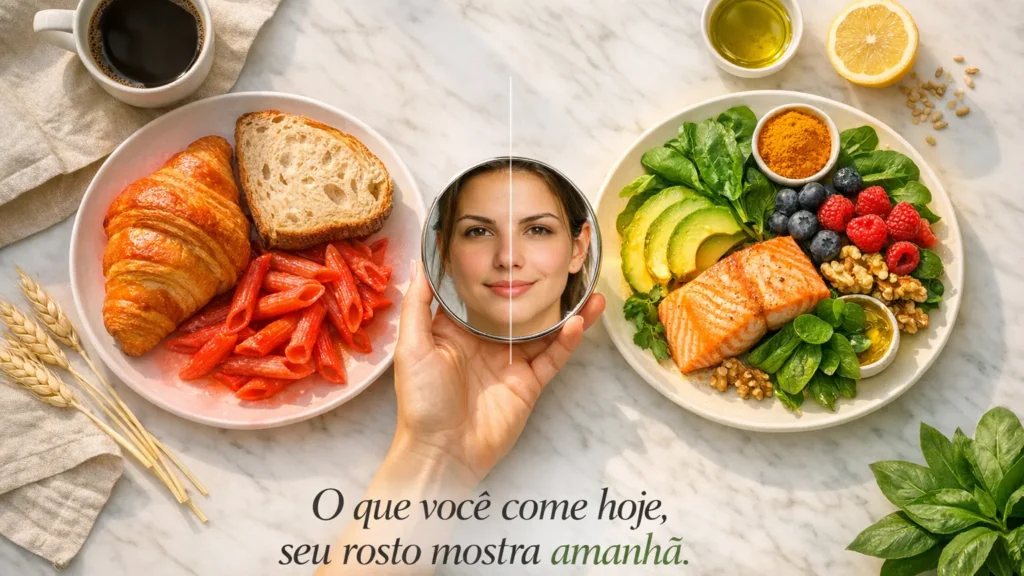 Sua Dieta e o Rosto Inchado: A Conexão Que Ninguém Te Contou Imagem comparativa de pratos de comida e um rosto, ilustrando a frase "O que você come hoje, seu rosto mostra amanhã". Um lado mostra alimentos inflamatórios (croissant, massa) e o outro, alimentos anti-inflamatórios (salmão, abacate, frutas vermelhas), conectando a dieta ao rosto inchado ou definido.