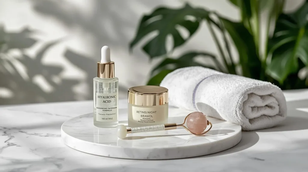 Skincare e Pilates Facial - Protocolo 24h para Flacidez Facial Rotina completa de skincare e pilates facial para tratar flacidez facial, produtos com acido hialuronico e retinol organizados em ritual diario de autocuidado