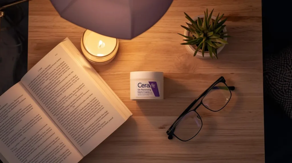 Fotografia em estilo flat lay de uma rotina de skincare noturna com o CeraVe Skin Renewing Night Cream sobre um criado-mudo de madeira, iluminado por uma luz de abajur quente ao lado de um livro e óculos.