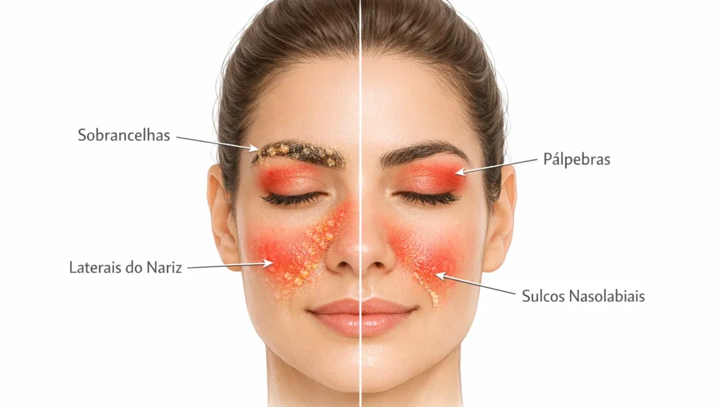 Seborreia Facial: O Mapa das 4 Zonas de Ataque que Todo Dermatologista Deveria Mostrar Mapa das 4 zonas de seborreia facial: sobrancelhas com crosta amarelada, laterais do nariz, sulcos nasolabiais e pálpebras — áreas com maior concentração de glândulas sebáceas afetadas pelo fungo Malassezia