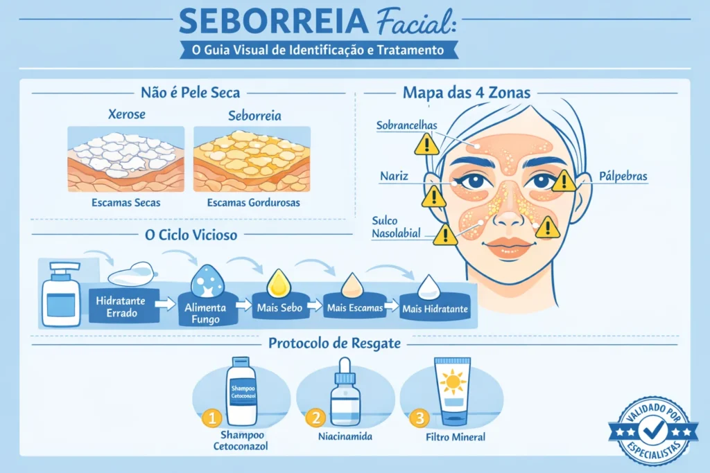 SEBORREIA Facial: Guia Visual Completo de Identificação e Tratamento em 3 Passos Infográfico médico mostrando as 4 zonas da seborreia facial (sobrancelhas, nariz, sulco nasolabial, pálpebras), comparativo entre xerose (escamas secas) e seborreia (escamas gordurosas amareladas), ciclo vicioso do hidratante errado alimentando fungo Malassezia, e protocolo de resgate em 3 passos: shampoo cetoconazol, niacinamida e filtro mineral. Validado por especialistas em dermatologia.