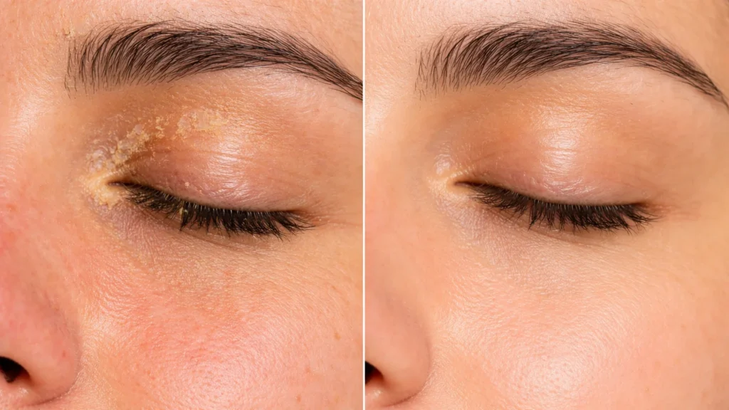 Seborreia Facial: A Transformação Real Que Seu Dermatologista Não Te Contou Antes e depois de tratamento para seborreia facial: sobrancelha com crosta amarelada e descamação vs pele limpa e saudável após protocolo antifúngico com cetoconazol