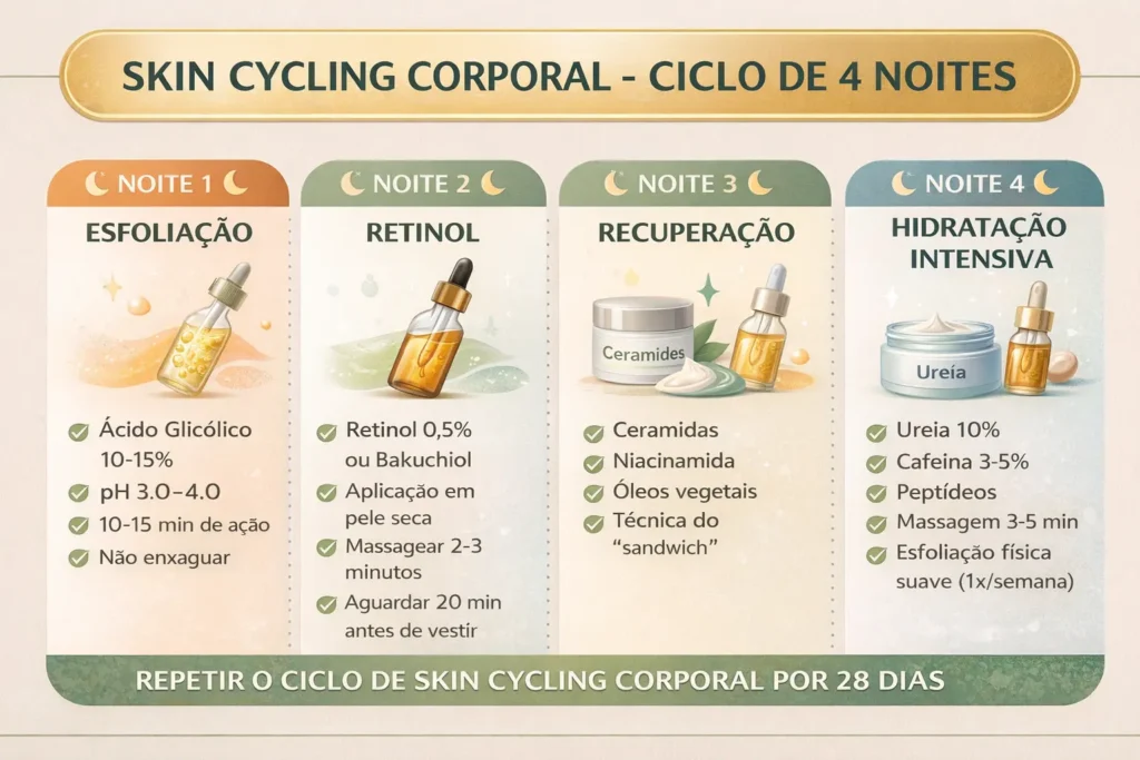 Infográfico do protocolo skin cycling corporal com ciclo de 4 noites: esfoliação com ácido glicólico, retinol, recuperação com ceramidas e hidratação intensiva por 28 dias