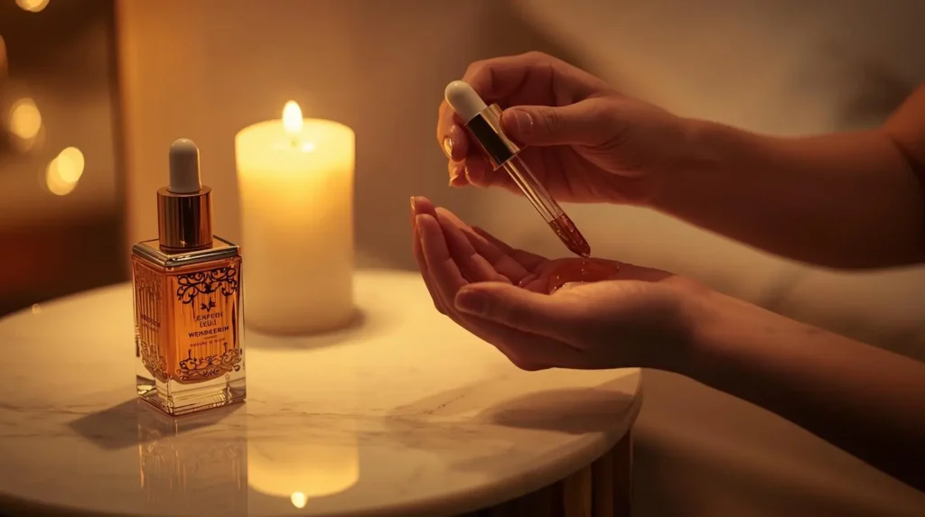 Mãos femininas aplicando sérum corporal âmbar com gotário de vidro sobre palma, ao lado de frasco decorativo de skincare e vela acesa em banheiro com iluminação dourada. Cena de ritual noturno de skin cycling corporal — protocolo de 28 dias com ácidos e retinol para renovação celular, tratamento de celulite e estrias.