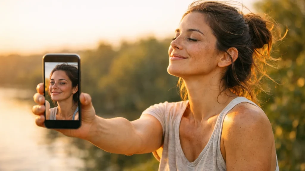 Superar Dismorfia Digital: O Retorno à Autoimagem Real e Livre Mulher curada da dismorfia digital tirando selfie sem filtro em ambiente natural, com pele real e expressão de paz, representando a liberdade da autoimagem autêntica após o protocolo de 7 dias