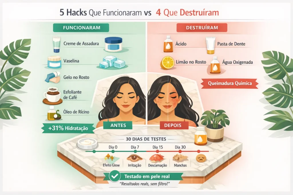 Testado: 5 Hacks do TikTok Que Funcionaram vs 4 Que Destruíram a Pele em 30 Dias Infográfico exclusivo mostrando teste real de 9 hacks virais do TikTok na pele. Lado esquerdo verde: 5 hacks que funcionaram — creme de assadura, vaselina, gelo no rosto, esfoliante de café e óleo de rícino, com resultado de +31% hidratação. Lado direito vermelho: 4 hacks que destruíram — ácido, pasta de dente, limão no rosto e água oxigenada, causando queimadura química, irritação, descamação e manchas. Timeline completa de 30 dias de testes mostrando evolução da pele desde o efeito glow inicial até os danos graves. Selo "Testado em pele real" comprovando autenticidade. Design médico-científico com cores sóbrias, ícones ilustrativos e comparação visual antes e depois. Resultados reais, sem filtro.