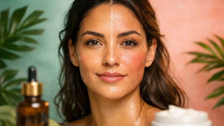 Testado: Mulher com pele radiante mostrando resultado de hacks do TikTok — metade do rosto hidratada e saudável, metade com irritação controlada de testes reais, com produtos de cuidados naturais ao fundo