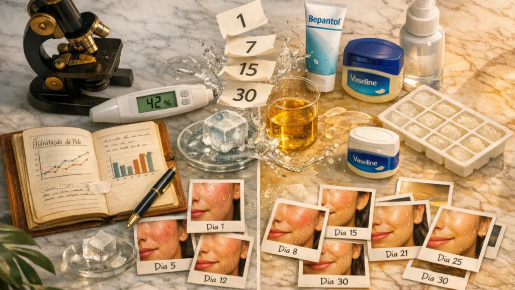 Experimento Testado: 30 Dias de Documentação Científica Validando Hacks de Skincare Estação de experimento testado mostrando 30 dias de documentação científica de skincare: microscópio vintage, diário com gráficos de hidratação, corneômetro digital, polaroids diários do rosto, Bepantol, Vaseline e cubos de gelo em bancada de mármore