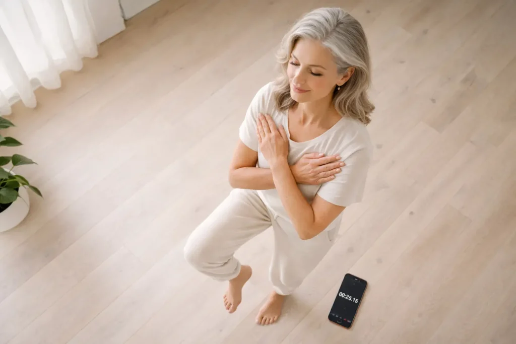 Mulher madura de 50 anos realizando teste de equilíbrio unipodal para calcular idade biológica em casa, com braços cruzados sobre o peito, uma perna levantada e cronômetro no celular marcando 25 segundos — protocolo de autoavaliação validado cientificamente para medir envelhecimento celular e função neurológica.