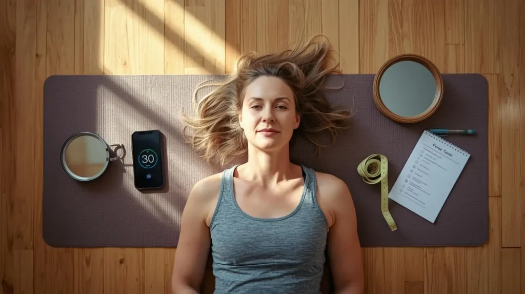 Mulher deitada em tapete realizando teste caseiro de postura cervical de 30 segundos para avaliar jawline, com timer no celular, espelho, fita métrica e checklist de diagnóstico da síndrome da cara quadrada em ambiente doméstico