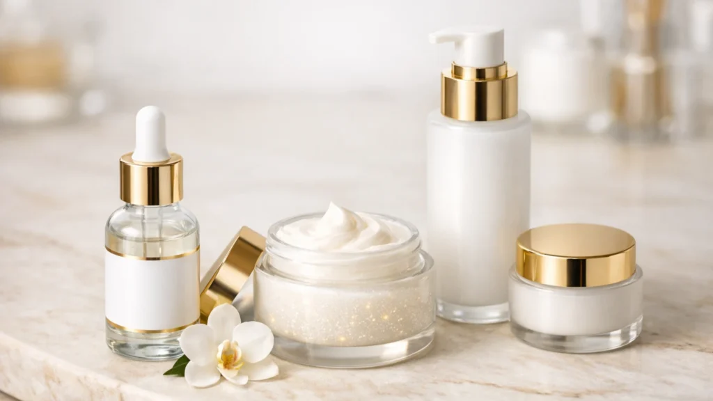 Close-up macro e sensorial da textura de um creme corporal antienvelhecimento sendo espalhado na pele feminina madura. O creme tem micropartículas brilhantes de ouro e peptídeos sinalizadores encapsulados para ilustrar o tratamento contra o envelhecimento corporal acelerado.