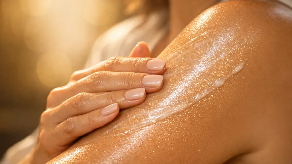 Close-up de mão feminina de pele madura aplicando serum corporal com micropartículas de ouro e ácido hialurônico, ilustrando o protocolo de hidratação profunda contra o envelhecimento corporal acelerado.