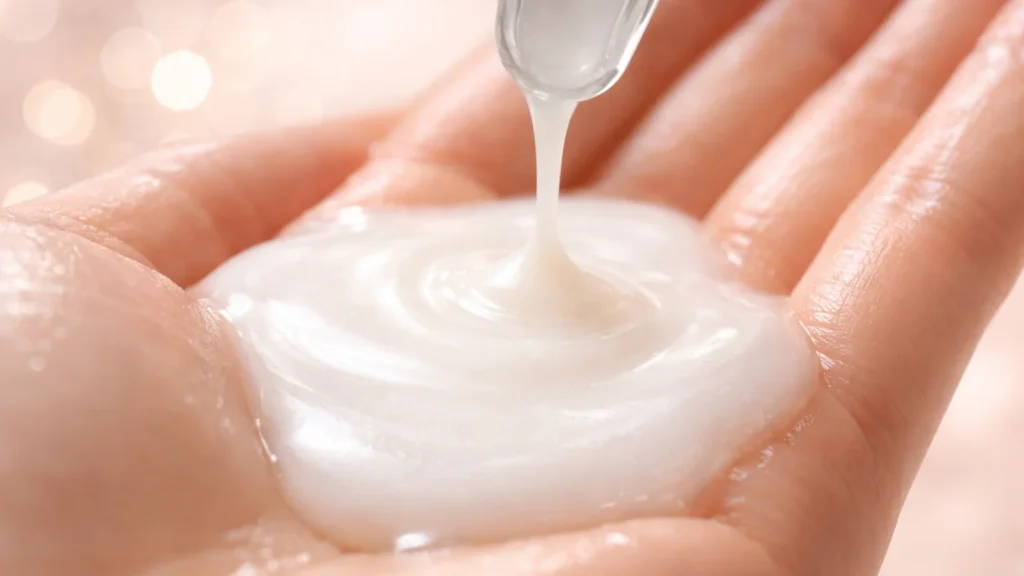 Close-up macro de um tônico leitoso branco e denso sendo despejado na palma da mão, destacando a textura nutritiva e cremosa do produto.