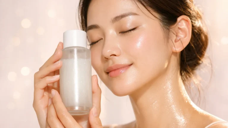 Mulher asiática com pele visivelmente hidratada e iluminada (glass skin), segurando um frasco de tônico leitoso e sorrindo com os olhos fechados.