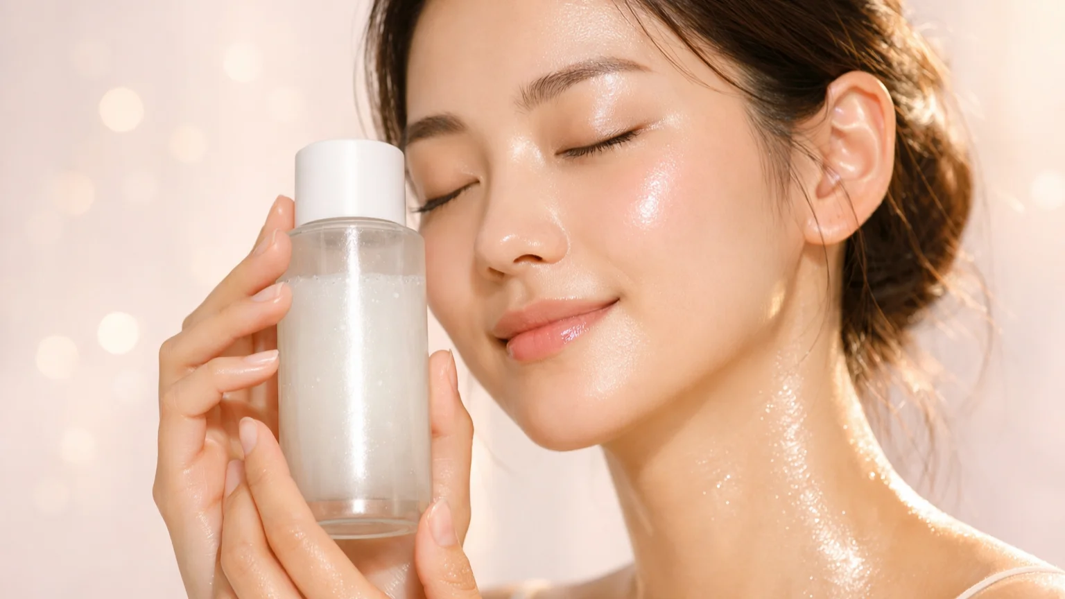 Mulher asiática com pele visivelmente hidratada e iluminada (glass skin), segurando um frasco de tônico leitoso e sorrindo com os olhos fechados.