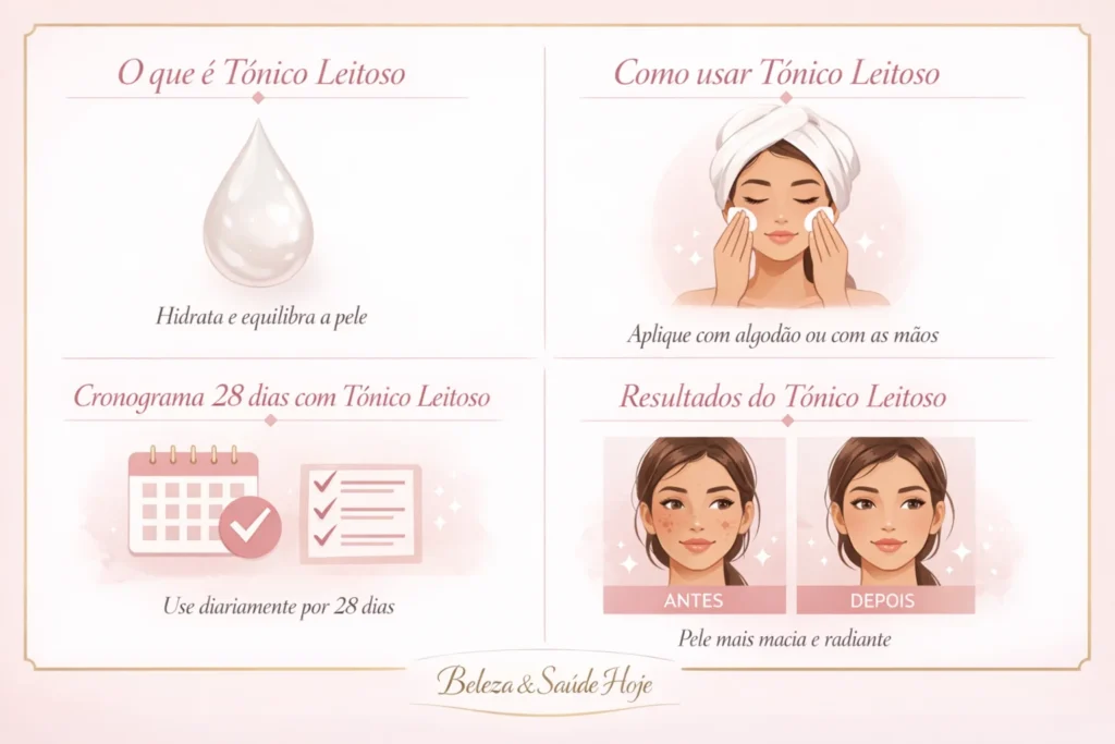 Infográfico informativo sobre Tônico Leitoso: definição, modo de uso com mãos aplicando produto, cronograma de 28 dias e resultados antes e depois na pele.