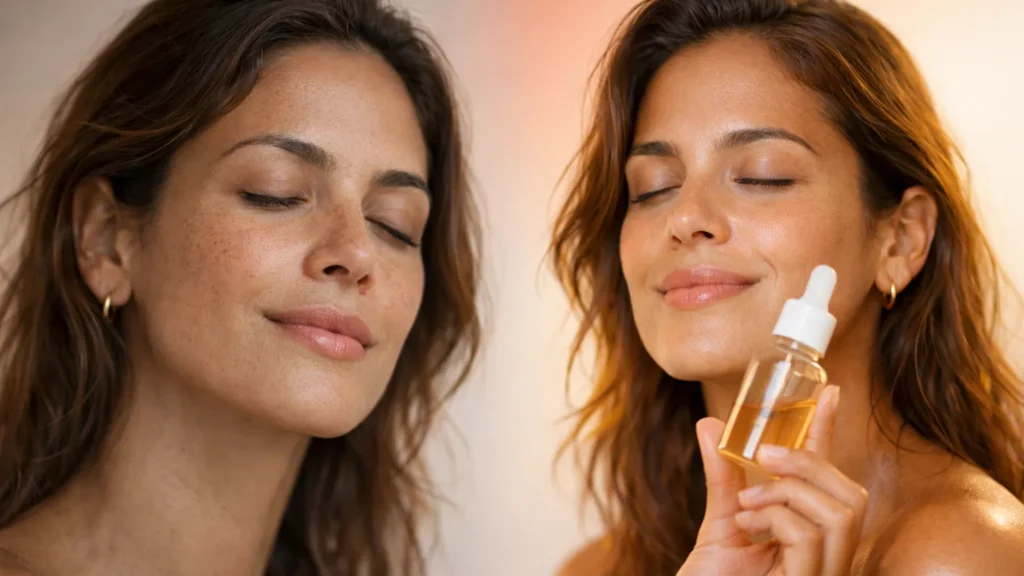 Como tirar manchas do rosto: transformação real em 20 dias com sérum de vitamina C — mulher brasileira mostra pele com manchas escuras antes do tratamento e pele uniforme luminosa após o Método das 3 Camadas