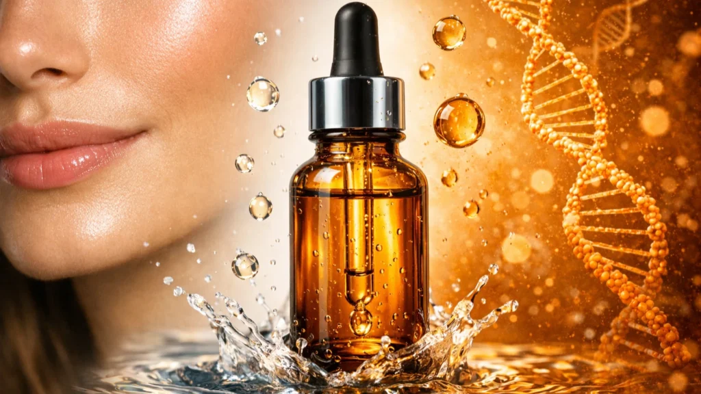 Vitamina C no Rosto: Guia Contra Oxidação e Manchas Sérum de Vitamina C no rosto em frasco âmbar com gotas suspensas e pele radiante ao fundo, ilustrando como evitar o escurecimento da pele.