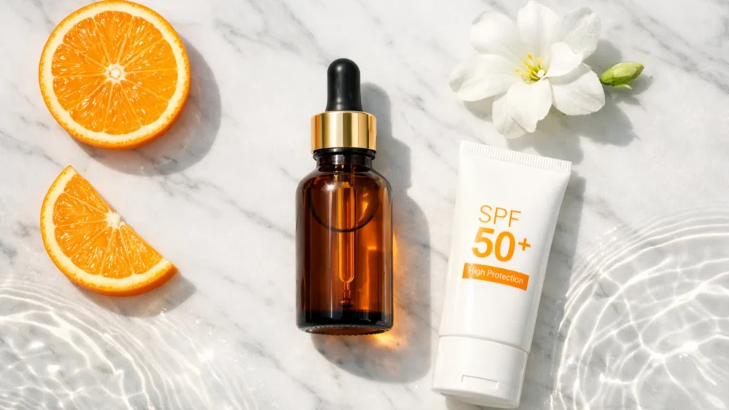 Vitamina C no Rosto: Adapte sua Rotina para Cada Idade Produtos de skincare com Vitamina C no rosto e protetor solar organizados para uma rotina de cuidados faciais por idade.