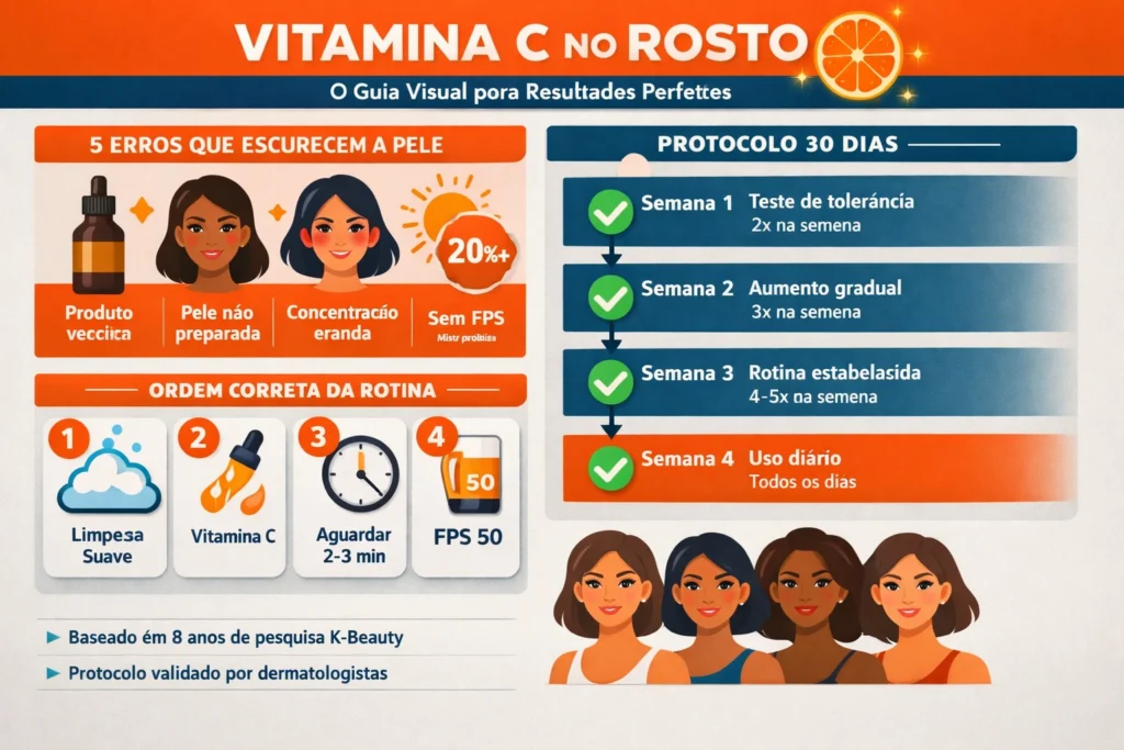 Vitamina C no Rosto: O Guia Visual Definitivo para Resultados Perfeitos em 30 Dias Infográfico Vitamina C no Rosto: 5 erros que escurecem a pele (produto oxidado, pele não preparada, concentração errada, sem FPS, misturas proibidas), protocolo de 30 dias em 4 semanas, ordem correta da rotina em 4 passos, validado por dermatologistas com 8 anos de pesquisa K-Beauty