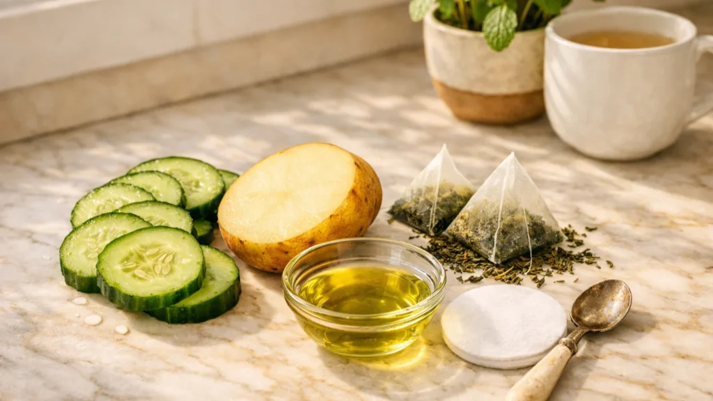 Três ingredientes de cozinha para clarear olheiras em casa: fatias frescas de pepino hidratante, batata com catecolase clareadora e sachês de chá verde antioxidante dispostos em bancada de mármore com luz natural