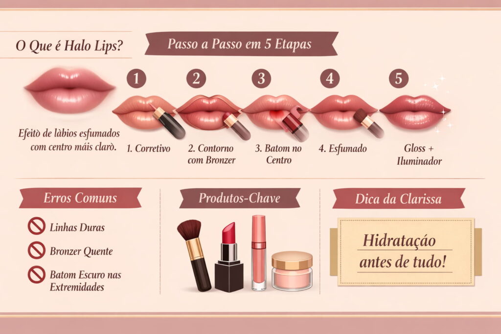 Infográfico Halo Lips: aumentar lábios sem preenchimento em 5 etapas — corretivo, contorno com bronzer, batom no centro, esfumado, gloss + iluminador. Erros comuns, produtos-chave e dica de hidratação da Clarissa