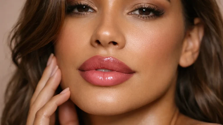 Mulher com técnica Halo Lips para aumentar lábios sem preenchimento, efeito ombré natural com contorno suave e centro iluminado, maquiagem volumosa sem agulhas