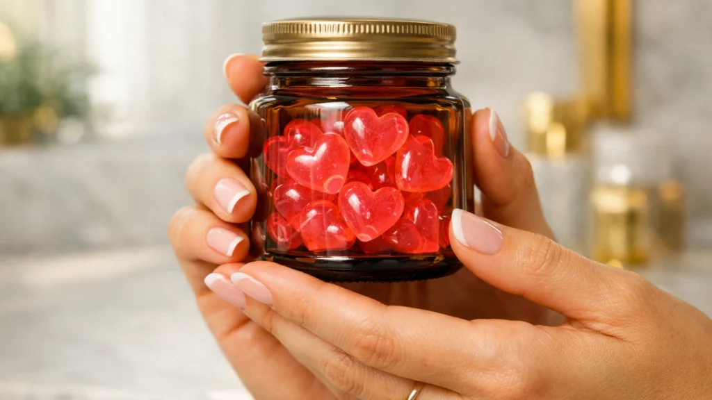 Mãos femininas bem cuidadas com manicure francesa segurando pote de vidro âmbar com gomas de colágeno em formato de coração rosa translúcido, representando a tendência de beauty jellies e beleza ingestível para rotina de autocuidado de pele, unhas e cabelo