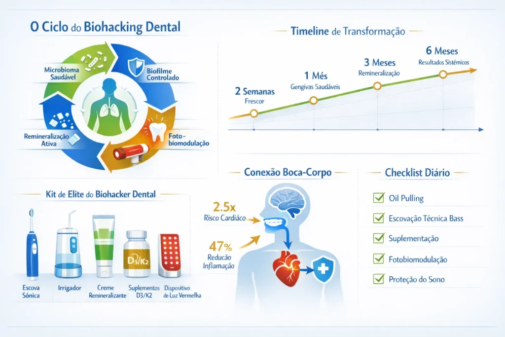 O Ciclo Completo do Biohacking Dental: Do Microbioma aos Resultados Sistêmicos em 6 Meses Infográfico completo do ciclo de biohacking dental: microbioma saudável, biofilme controlado, remineralização ativa e fotobiomodulação. Timeline de transformação de 2 semanas a 6 meses, kit de elite com suplementos D3 K2, conexão boca-corpo mostrando 2.5x risco cardíaco e 47% redução de inflamação, checklist diário com oil pulling, escovação técnica Bass, suplementação, fotobiomodulação e proteção do sono. Guia visual científico 2026.