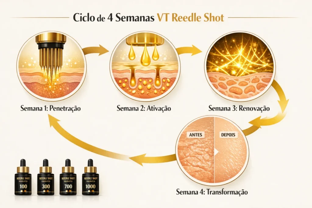 Infográfico ciclo 4 semanas VT Reedle Shot: penetração, ativação, renovação e transformação da pele com comparação antes e depois dos resultados