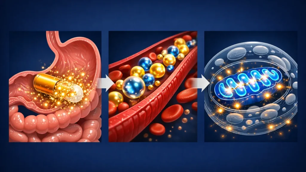 Ciclo de biodisponibilidade do Suplemento NAD+ para Rejuvenescimento: cápsula se dissolvendo no estômago, moléculas ativas viajando pelo sangue e mitocôndria celular energizada produzindo ATP