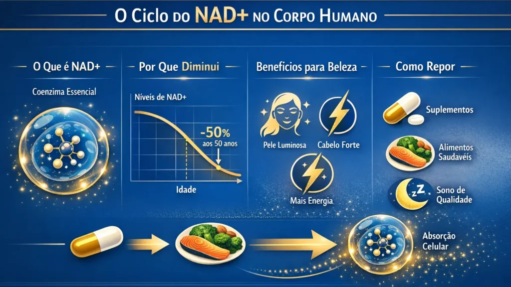 Infográfico ilustrando o ciclo do NAD+ no corpo humano: coenzima essencial que diminui 50% aos 50 anos, com benefícios para pele luminosa, cabelo forte e mais energia, e métodos naturais de reposição via suplementos, alimentos saudáveis e sono de qualidade